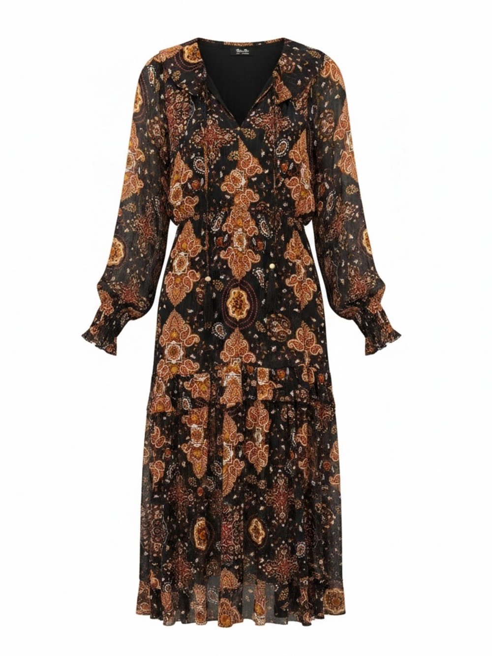 Miss Me Black Paisley Midi Dress with Brown Accents